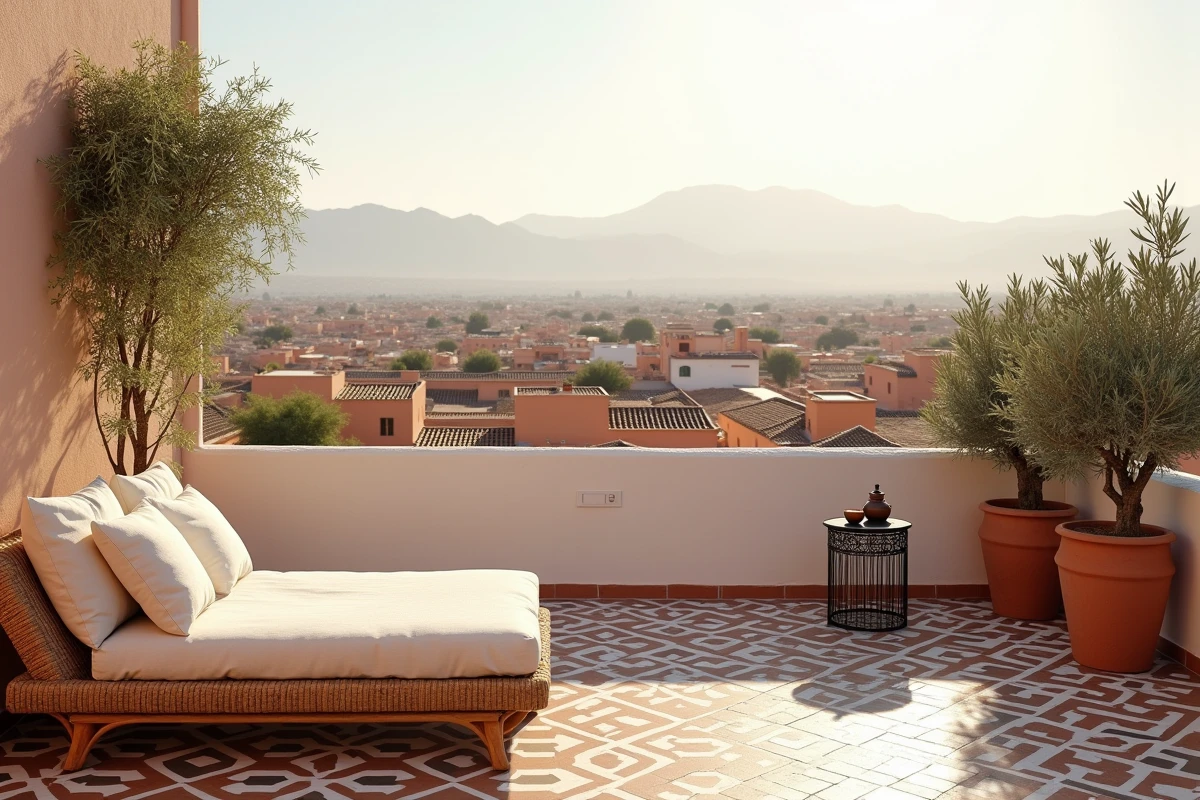 Terrasse d'une villa à Marrakech avec vue sur les toits de la médina et les montagnes de l'Atlas, aménagée avec un salon de jardin en rotin pour attirer les acheteurs