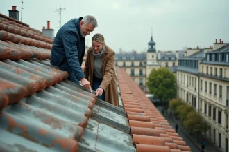 Deux voisins examinant une toiture commune entre deux maisons mitoyennes en milieu urbain