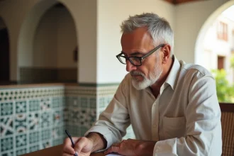 Homme marocain vérifiant un contrat de bail longue durée dans un riad traditionnel d'Essaouira