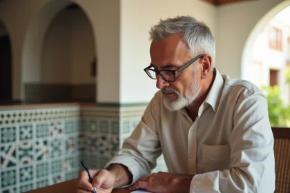 Homme marocain vérifiant un contrat de bail longue durée dans un riad traditionnel d'Essaouira