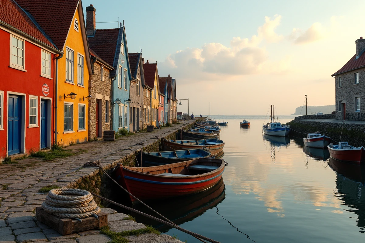 Village de pêcheurs avec petites maisons colorées à vendre en bord de mer et bateaux amarrés dans le port