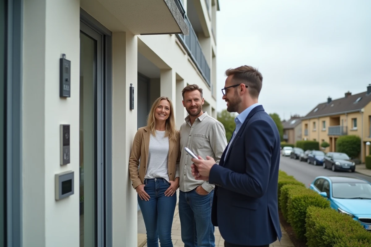 Couple visitant un appartement à Limoges accompagné d'un agent de l'agence Dumoulin 87 devant une résidence moderne