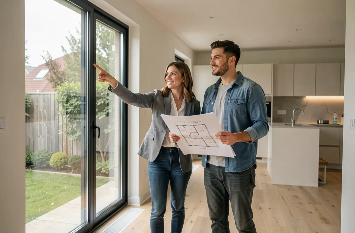 Couple visitant un appartement neuf à Toulouse Lespinet avec parquet clair et grandes fenêtres