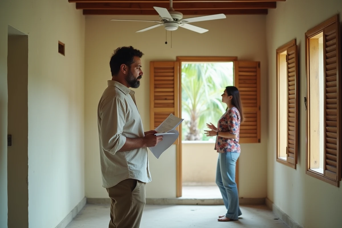 Acheteur occidental visitant l'intérieur d'une petite maison à vendre en Thaïlande avec une agente immobilière locale