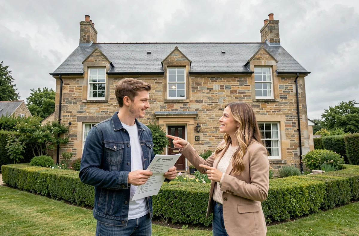 Couple visitant une maison à louer en Seine-Maritime avec jardin et façade en pierre normande