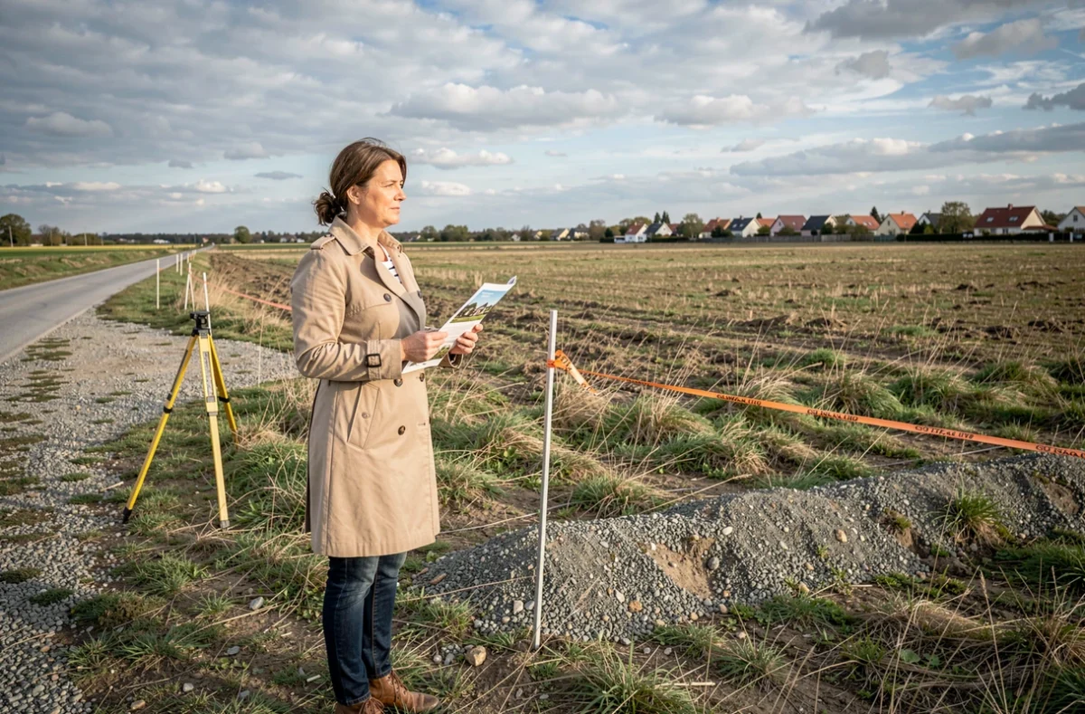 Femme inspectant une parcelle de terrain constructible avec un brochure immobilière pour évaluer le prix au mètre carré