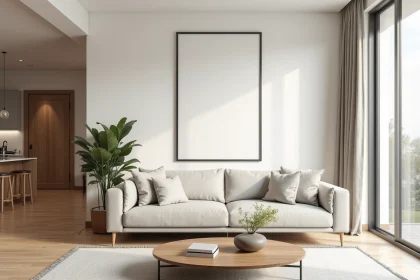 Salon moderne en home staging virtuel avec canapé en lin et parquet chêne clair, prêt pour une visite virtuelle immobilière