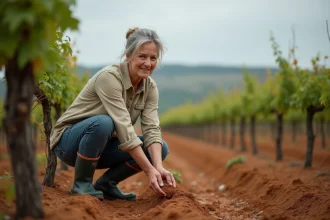 Viticultrice analysant la qualité du sol argileux dans un vignoble à vendre à Bordeaux avec potentiel biologique