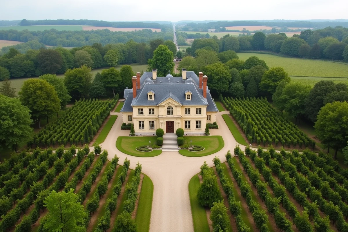 Vue aérienne d'un domaine viticole bordelais en copropriété avec ses parcelles de vignes