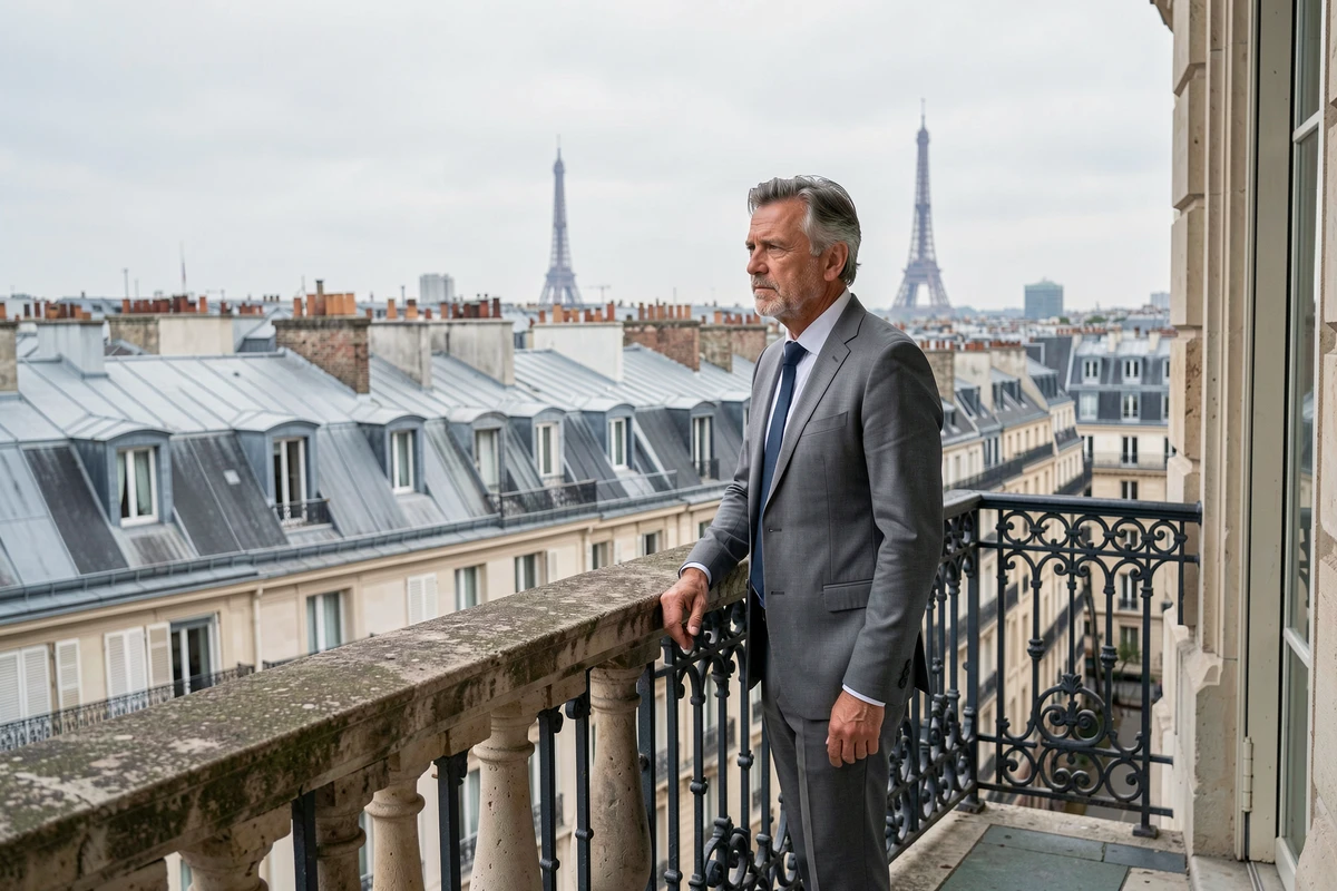Homme en costume sur un balcon haussmannien avec vue panoramique sur les toits de Paris