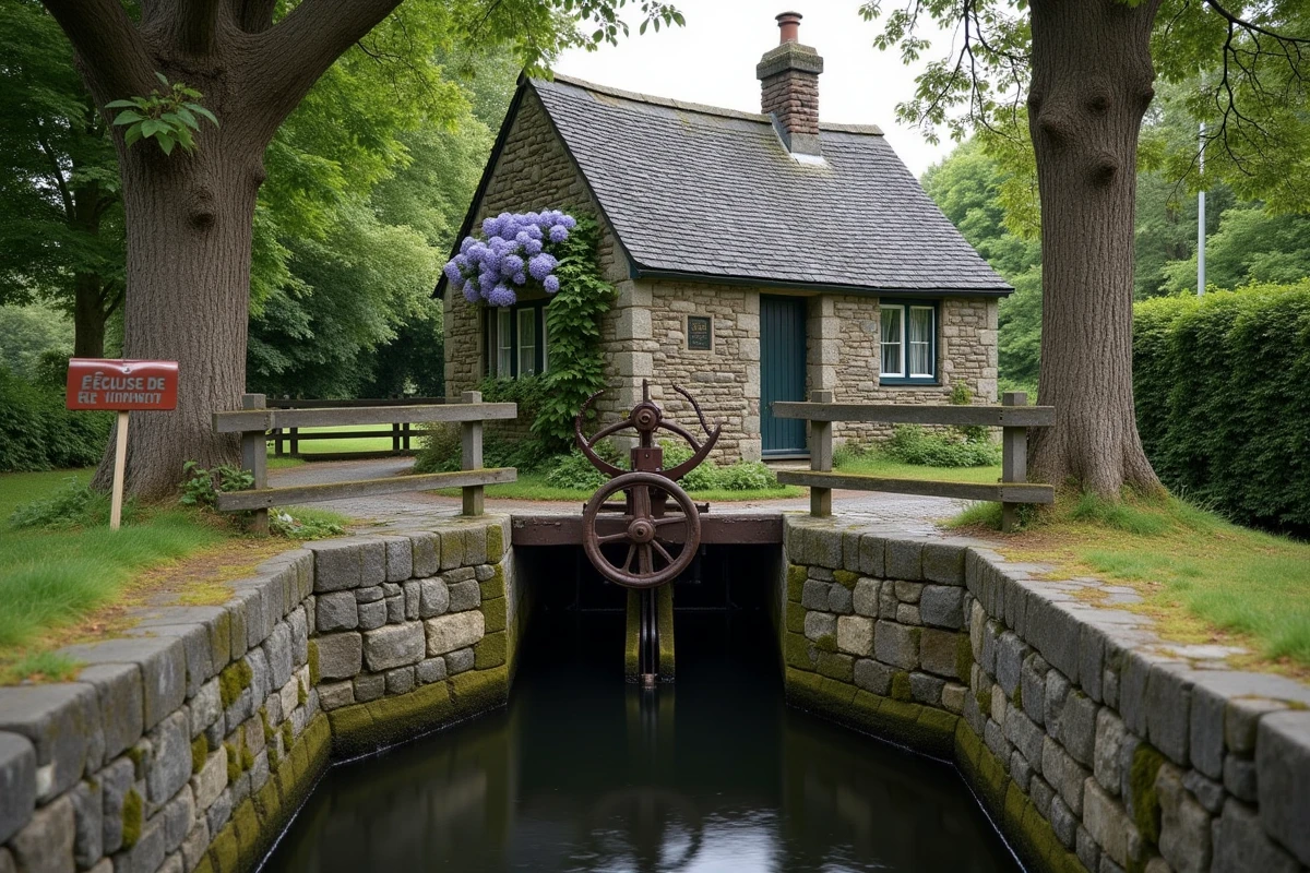 Vue pittoresque d'une maison éclusière bretonne avec son mécanisme d'écluse en bord de canal patrimonial