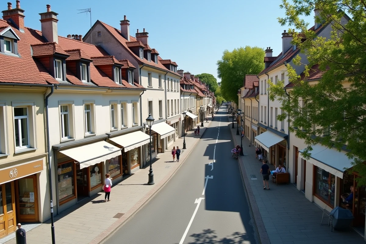 Vue panoramique d'un boulevard résidentiel et commercial bien entretenu dans un quartier de Montluçon avec commerces de proximité