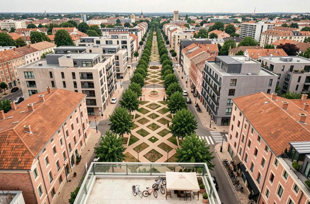 Vue en hauteur du quartier Montaudran à Toulouse mêlant architecture neuve et bâti ancien en brique rose