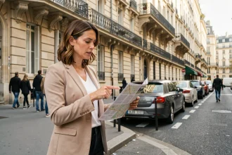 Femme consultant une carte des zones tendues immobilières dans une rue parisienne avec immeubles haussmanniens en arrière-plan